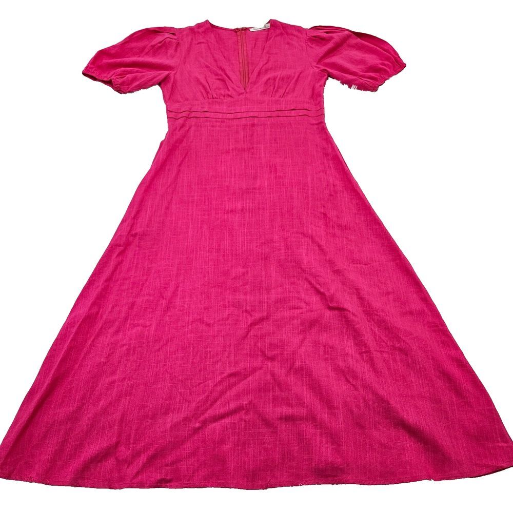 Forever Chic Women's Hot Pink Linen Blend V-neck Puff Shoulder Midi Dress Sz 12